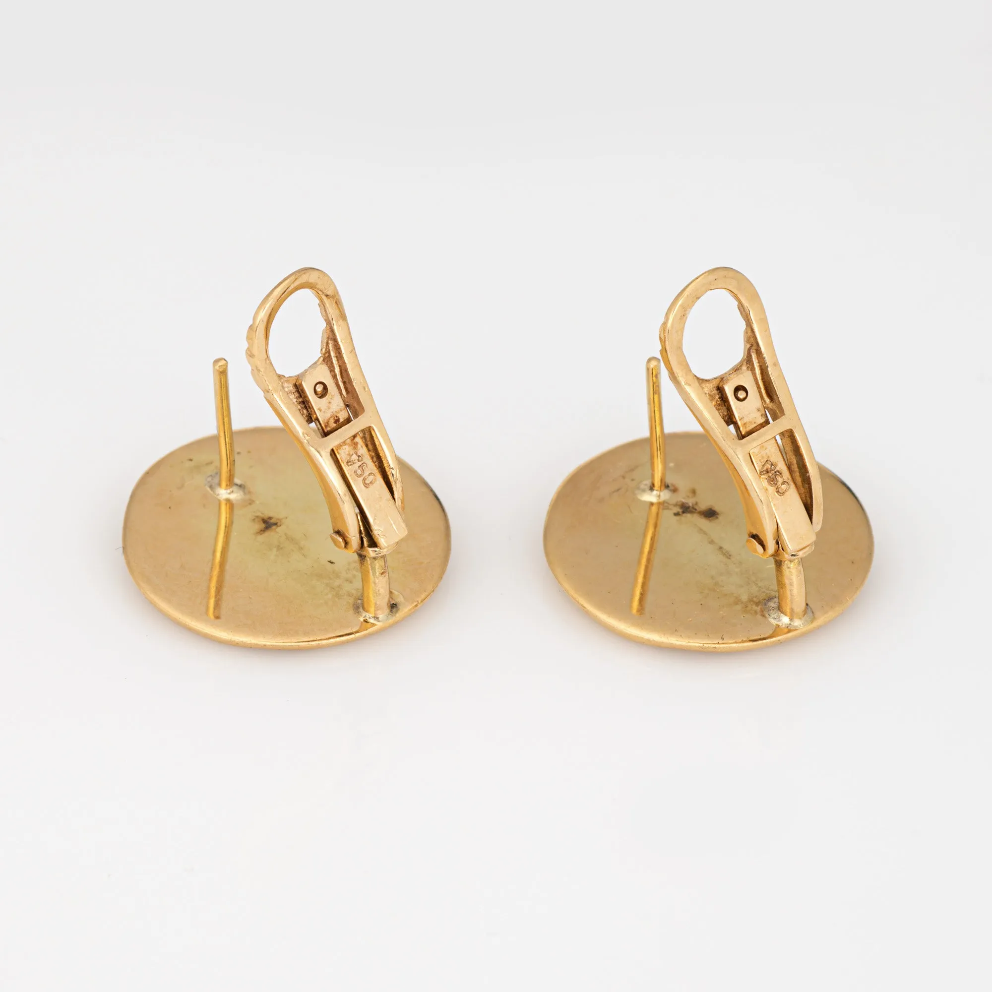 AOE Owl Earrings Vintage 18k Yellow Gold Round Studs Athena's Owl Lucky Charm
