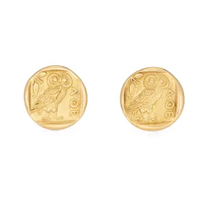 AOE Owl Earrings Vintage 18k Yellow Gold Round Studs Athena's Owl Lucky Charm