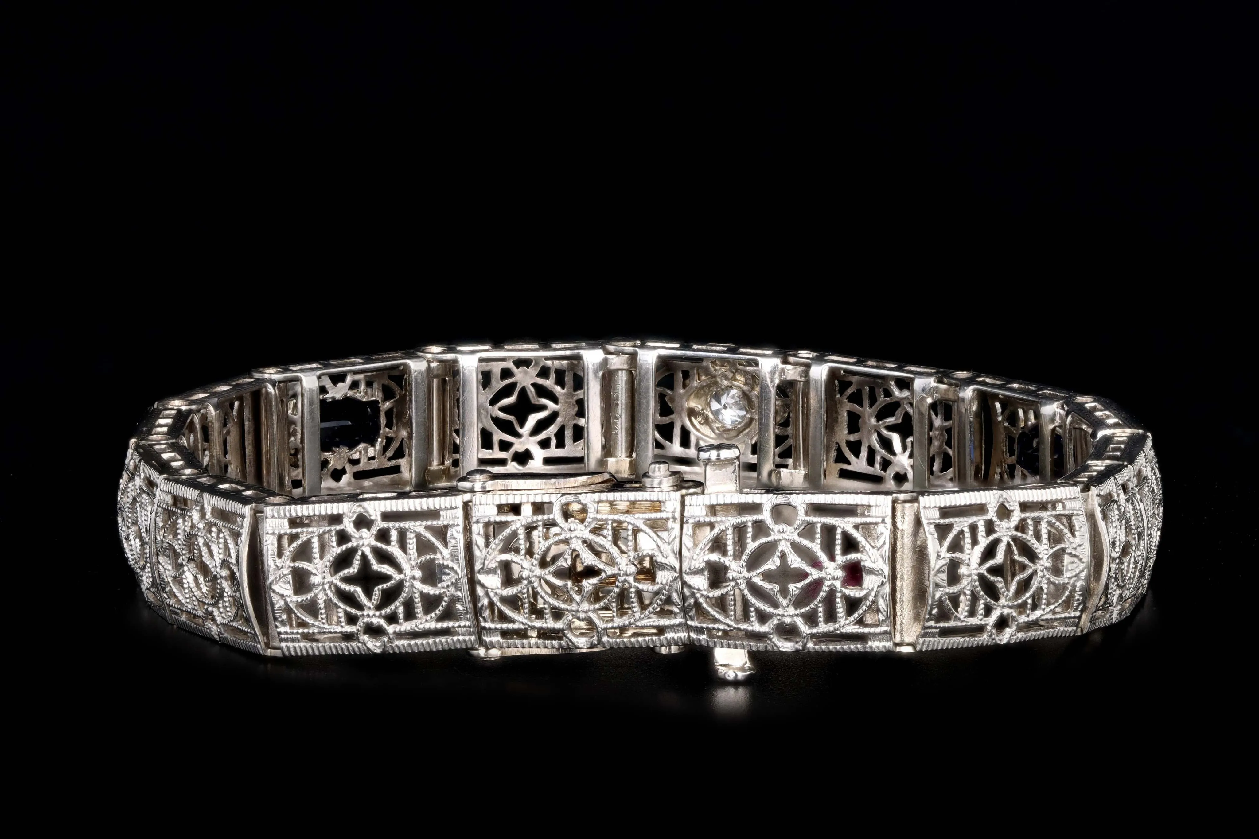 Art Deco 14K White Gold Old European Cut Diamond & Synthetic Sapphire Filigree Bracelet