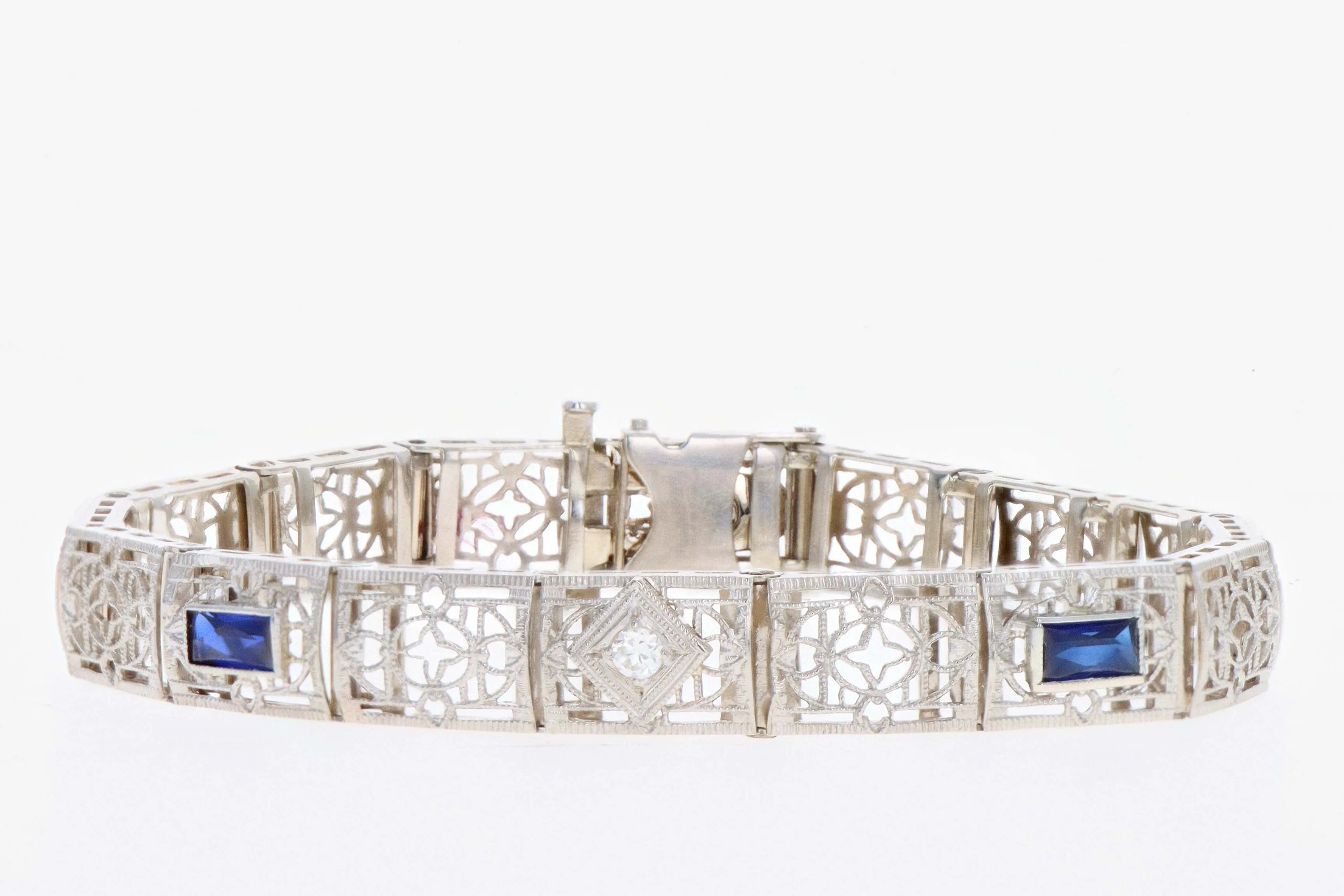 Art Deco 14K White Gold Old European Cut Diamond & Synthetic Sapphire Filigree Bracelet