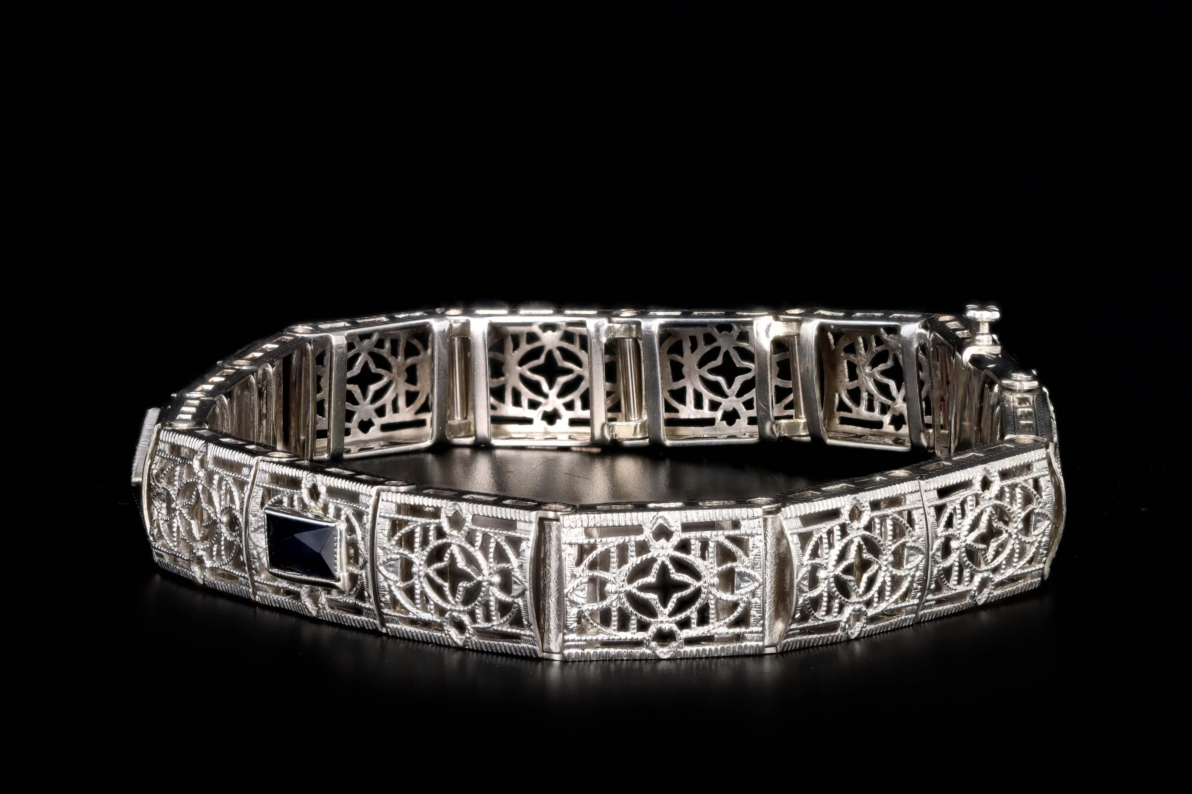 Art Deco 14K White Gold Old European Cut Diamond & Synthetic Sapphire Filigree Bracelet