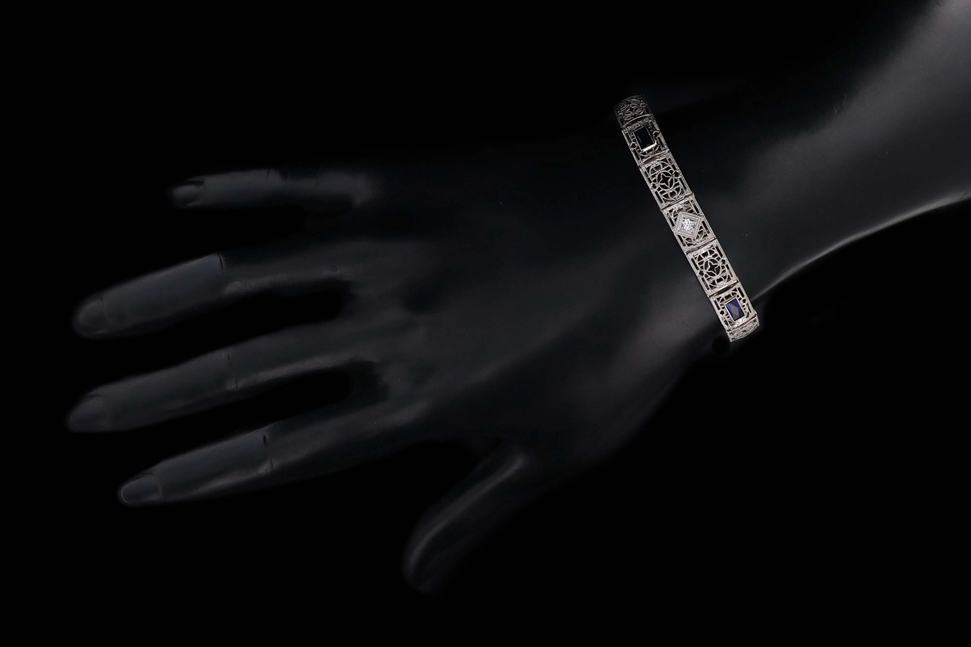 Art Deco 14K White Gold Old European Cut Diamond & Synthetic Sapphire Filigree Bracelet