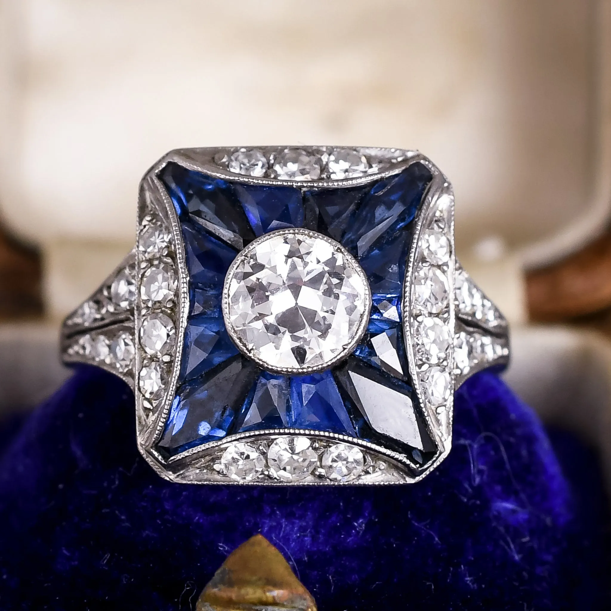 Art Deco Diamond & Sapphire Cushion Cluster Ring