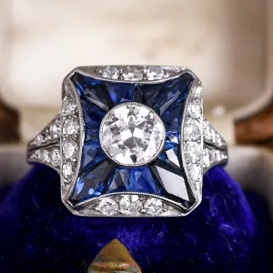 Art Deco Diamond & Sapphire Cushion Cluster Ring