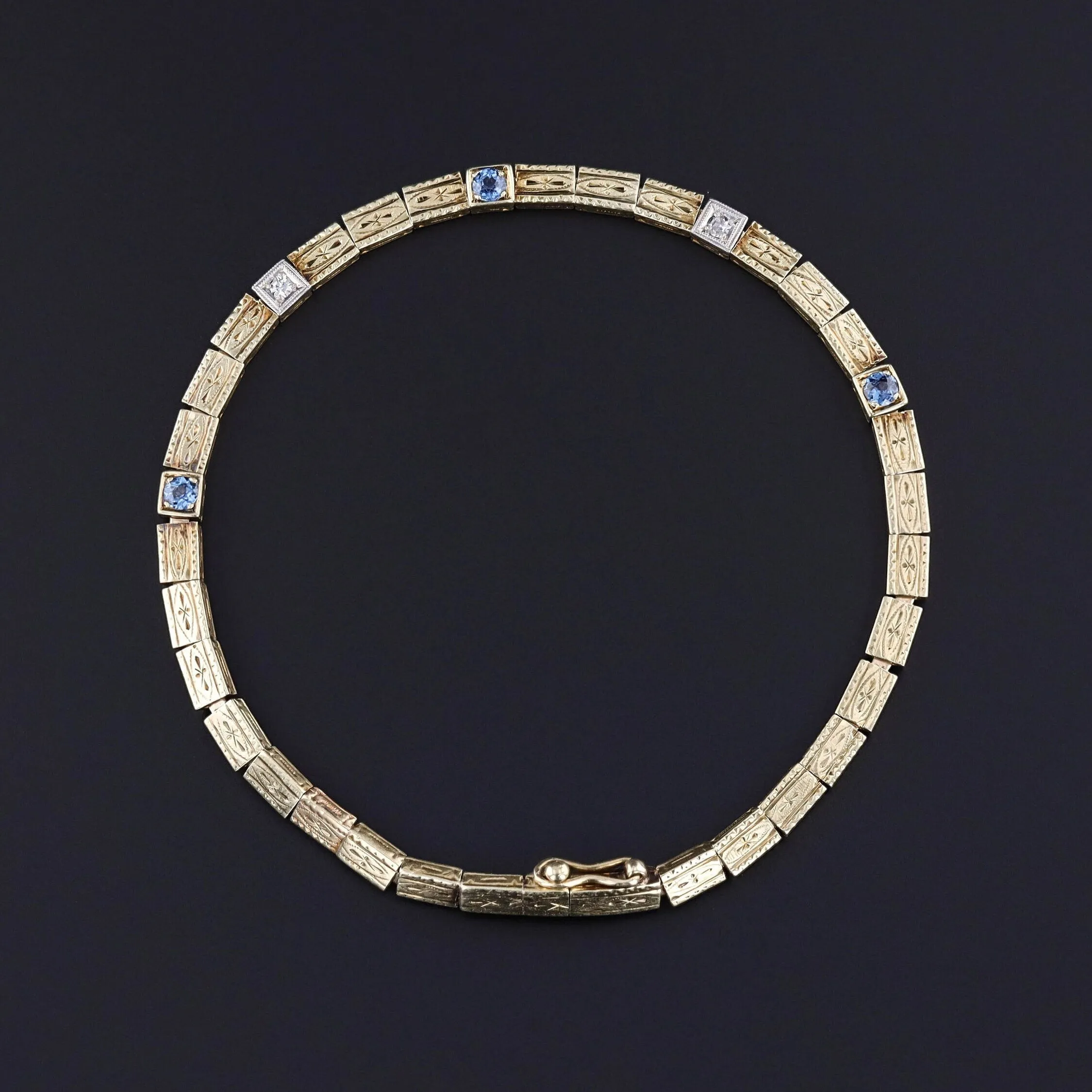 Art Deco Sapphire & Diamond Line Bracelet of 14k Gold