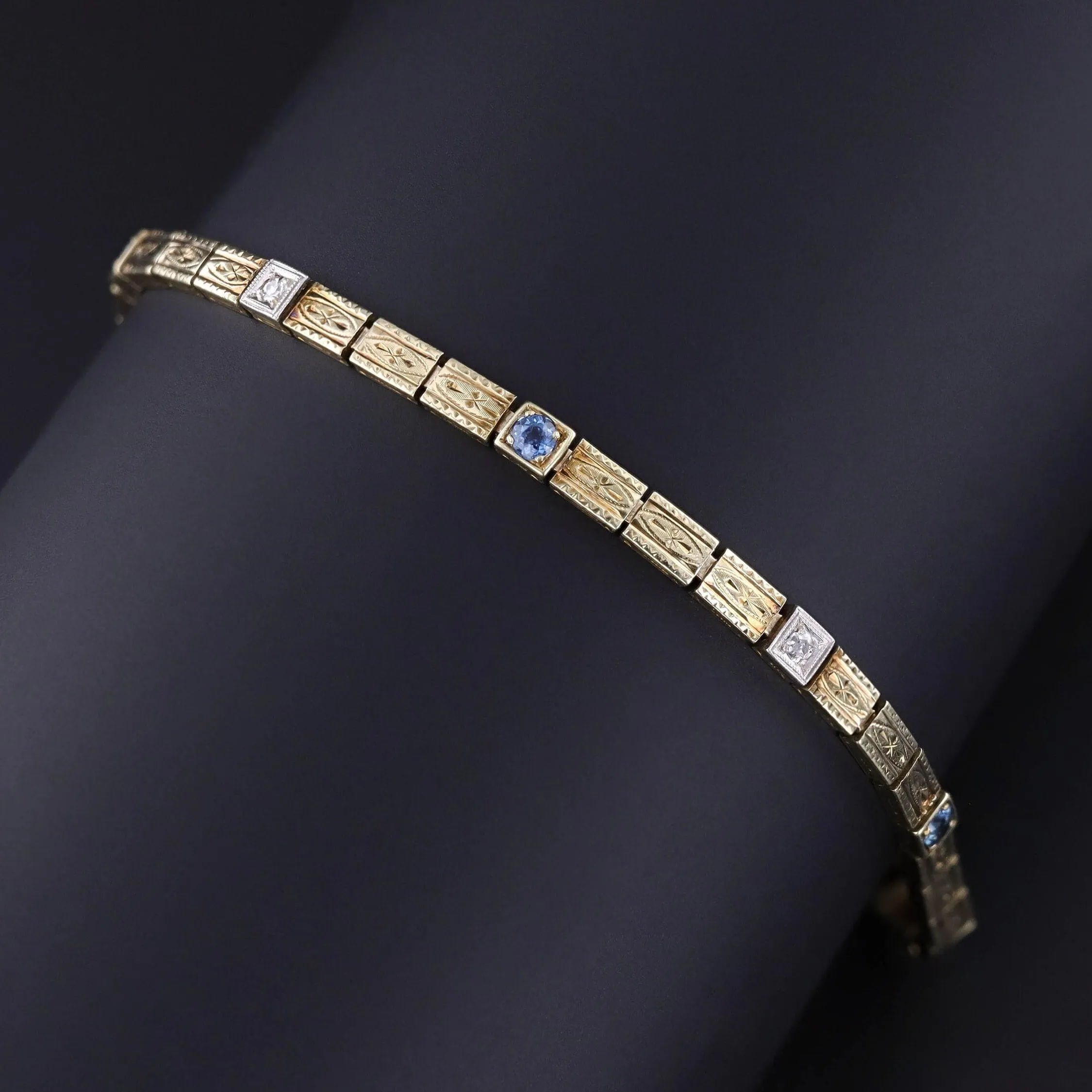 Art Deco Sapphire & Diamond Line Bracelet of 14k Gold