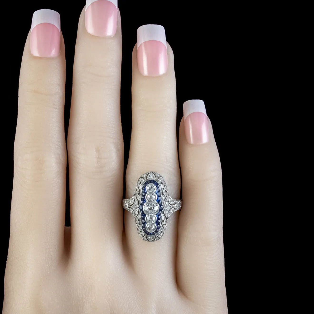 Art Deco Style Sapphire Diamond Cluster Ring 1.50ct Of Diamond