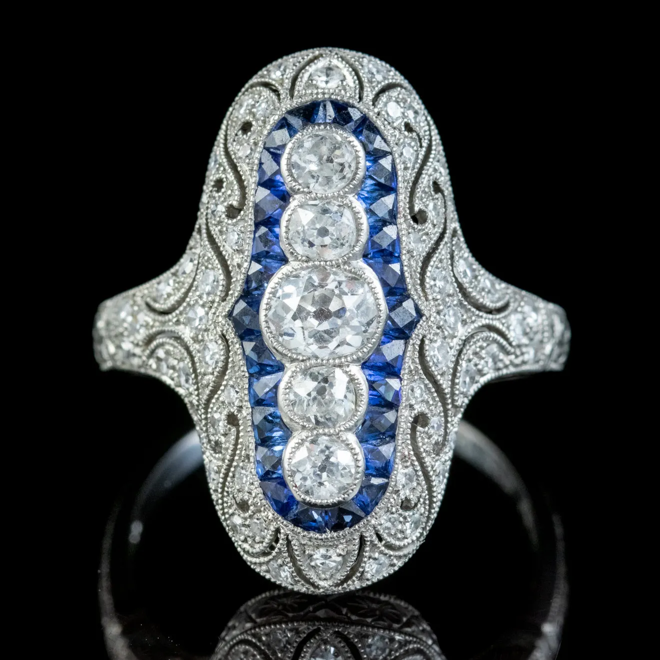 Art Deco Style Sapphire Diamond Cluster Ring 1.50ct Of Diamond