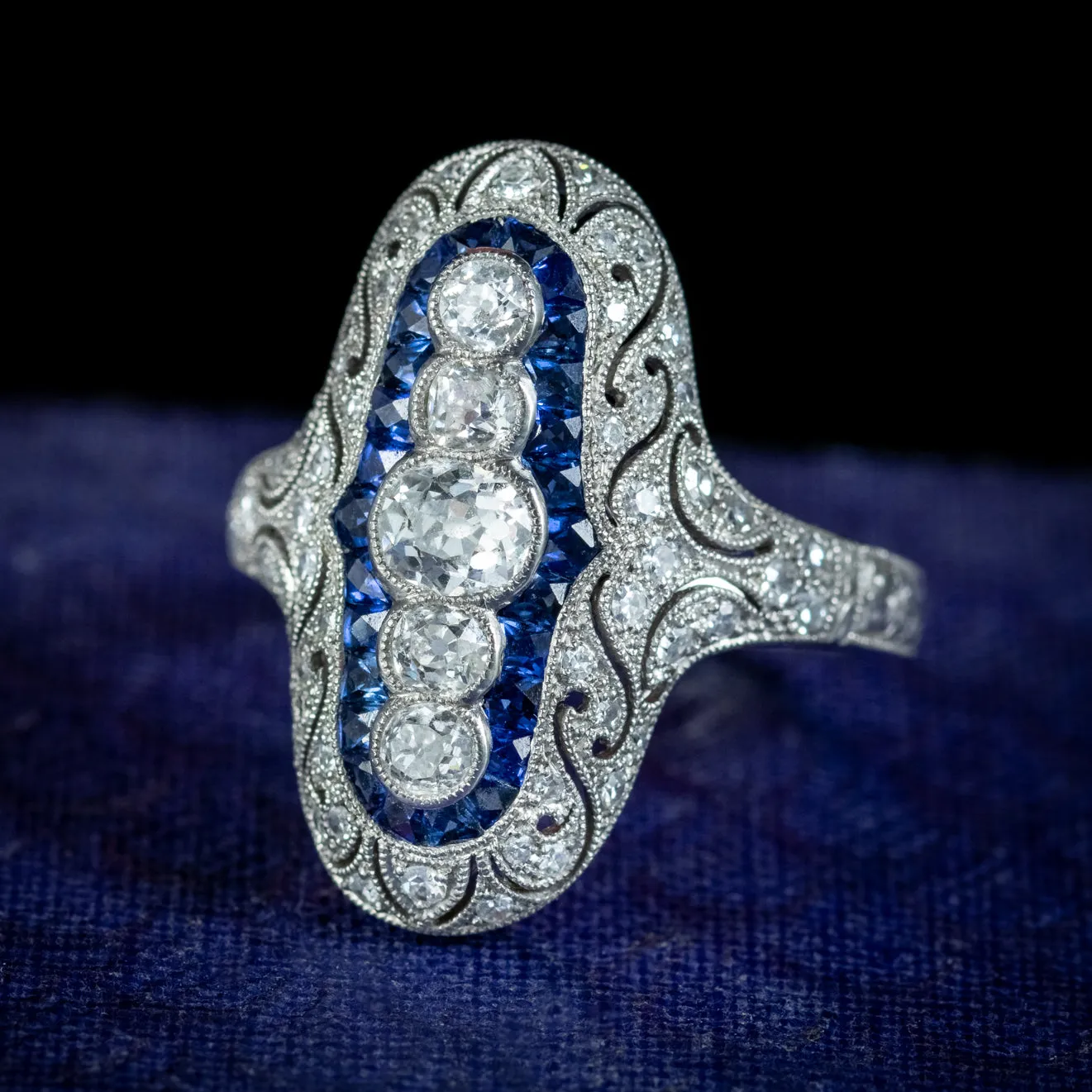 Art Deco Style Sapphire Diamond Cluster Ring 1.50ct Of Diamond