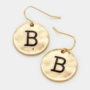 'B' Initial Monogram Letter Disc Gold Tone Earrings