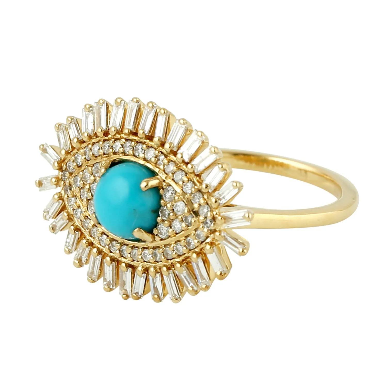 Baguette Cut Diamond Prong Turquoise Evil Eye Ring In Yellow Gold For Gift Jewelry