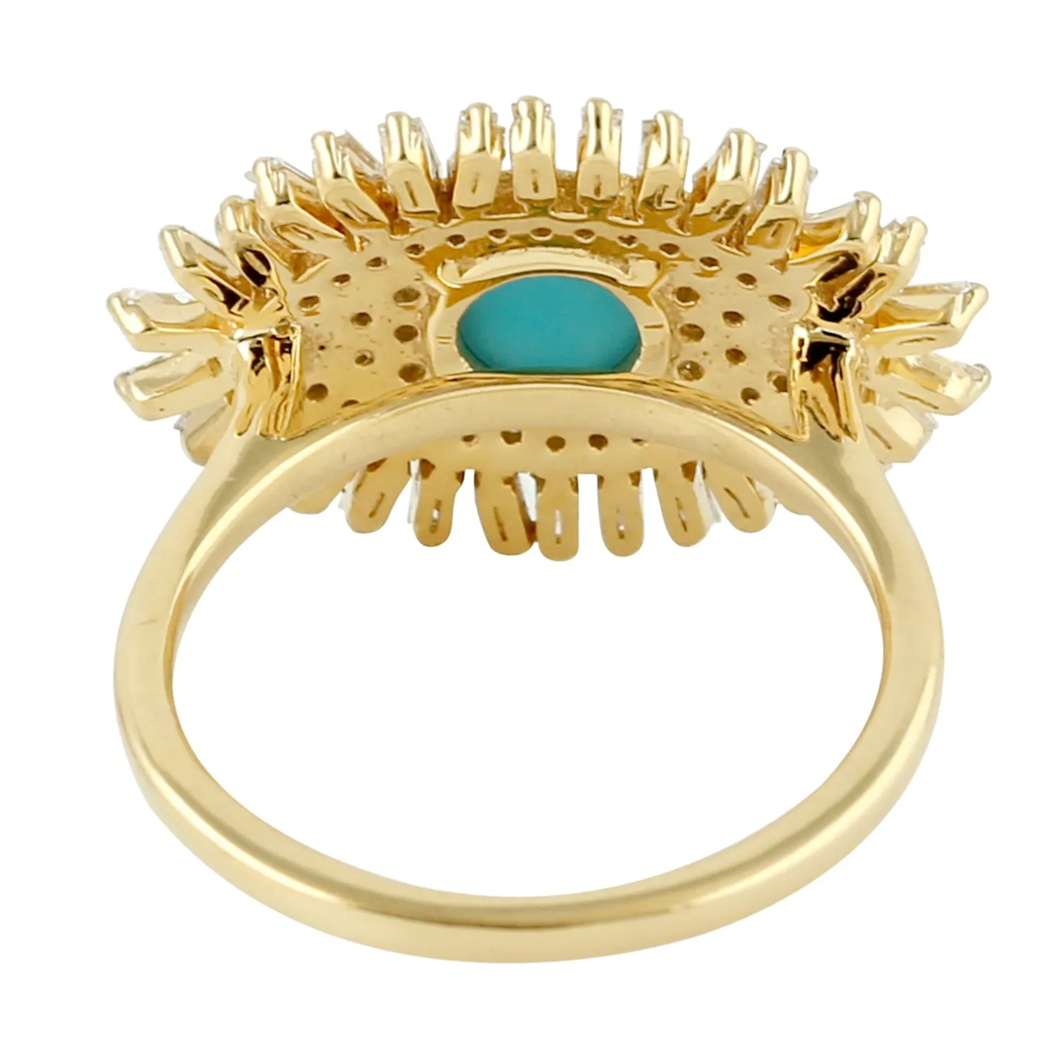 Baguette Cut Diamond Prong Turquoise Evil Eye Ring In Yellow Gold For Gift Jewelry