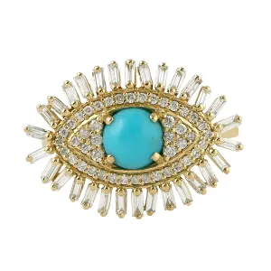 Baguette Cut Diamond Prong Turquoise Evil Eye Ring In Yellow Gold For Gift Jewelry