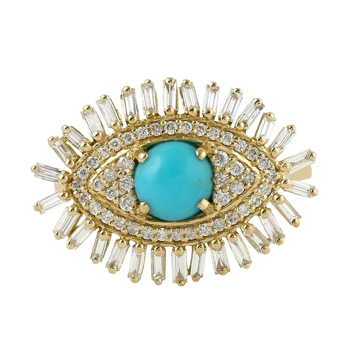 Baguette Cut Diamond Prong Turquoise Evil Eye Ring In Yellow Gold For Gift Jewelry
