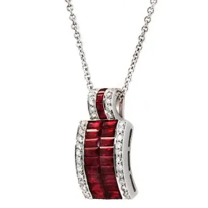 Baguette Shaped Ruby with Round Diamond Pendant Necklace In 18k White Gold