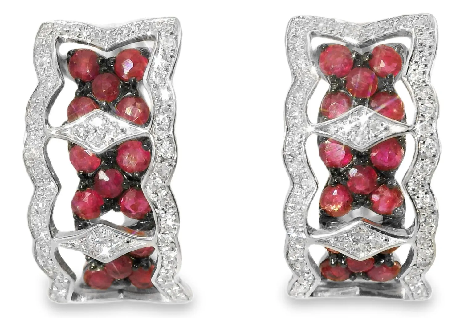 Beautiful 14K Pink Rose Gold Diamond Ruby Flower Huggie Earrings