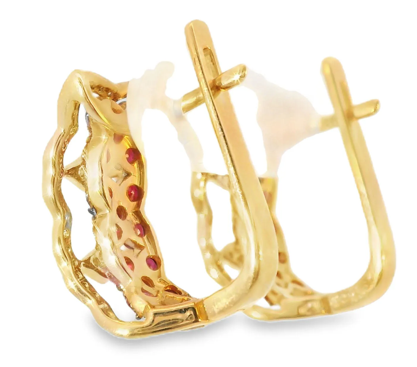 Beautiful 14K Pink Rose Gold Diamond Ruby Flower Huggie Earrings