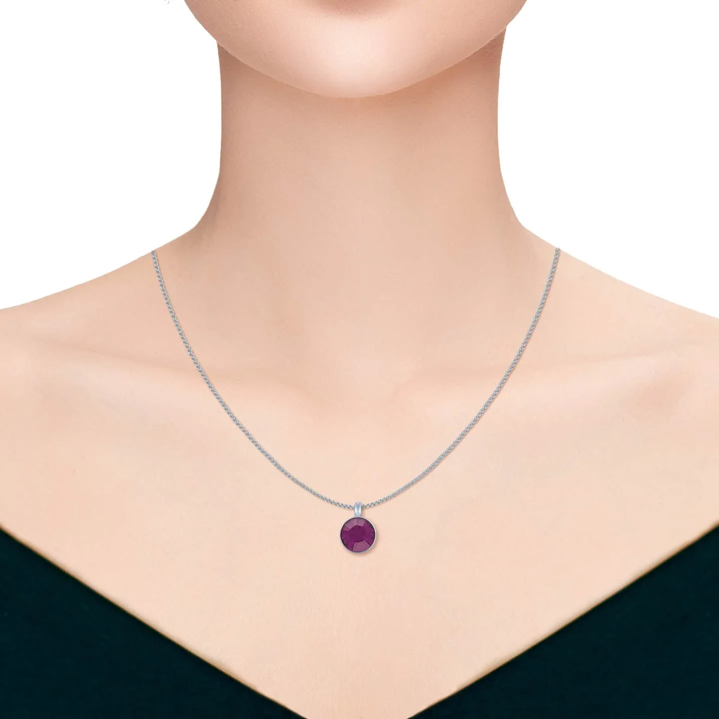 Bella Pendant Necklace with Purple Amethyst Round Crystals from Swarovski Silver Toned Rhodium Plated