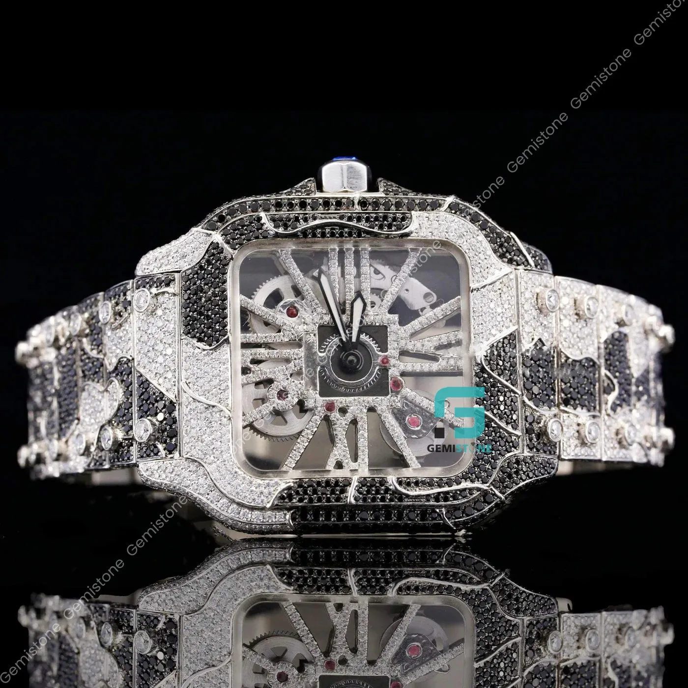 Bicolor Zebra Print Black And White Moissanite Bust Down Watches