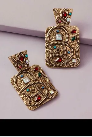 Big gold Earrings  , vintage style gold metal earring , chunky gold earring , geometric gold earring , multicolored gold earrings square red