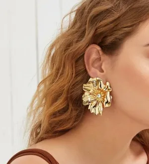 Big gold Flower earrings , gold studs large , huge gold stud earring , floral gold earrings , statement chunky gold studs