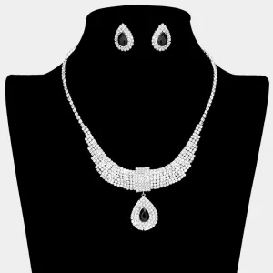 Black Crystal Teardrops with Rhinestone Cluster Accents Evening Necklace | Prom Necklace Set |  634506