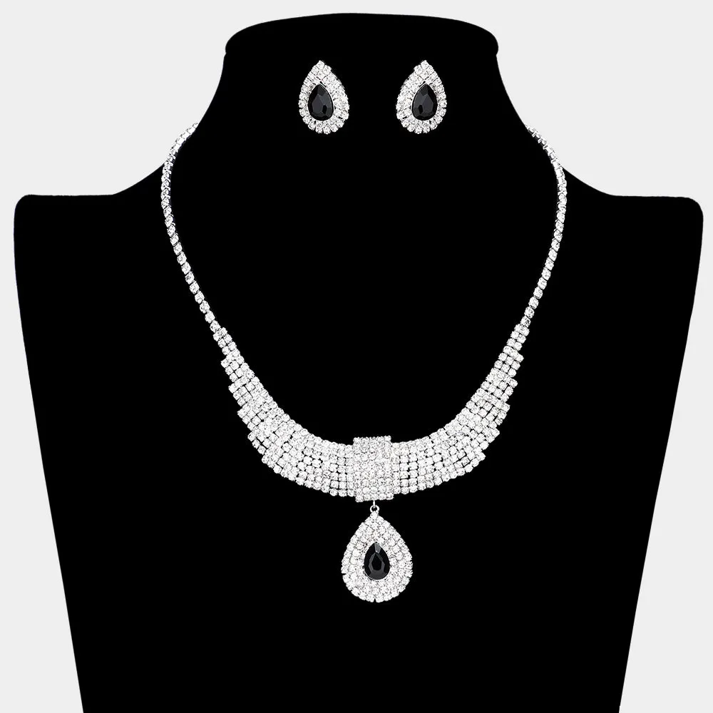 Black Crystal Teardrops with Rhinestone Cluster Accents Evening Necklace | Prom Necklace Set |  634506