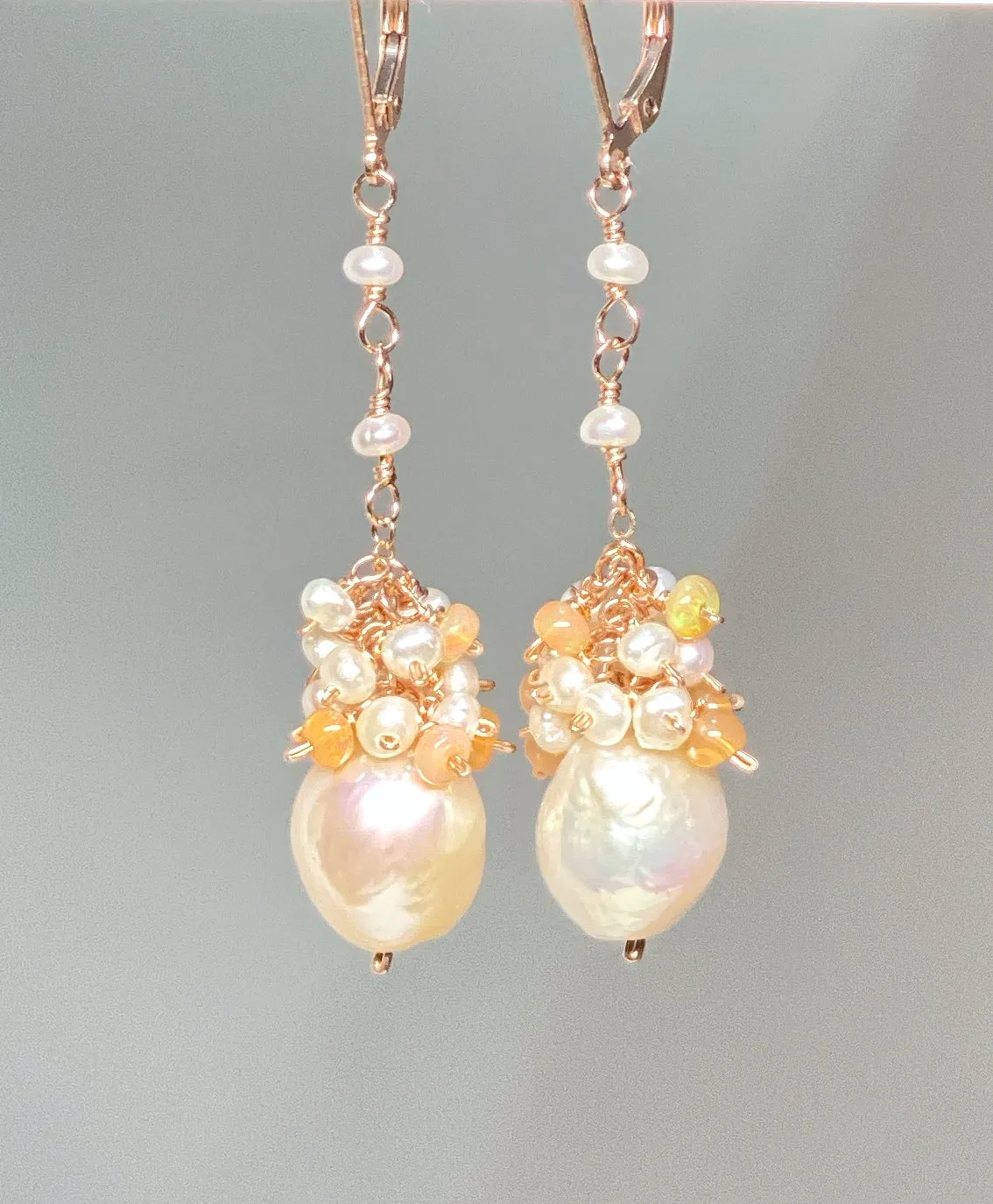 Blush Pearl Opal Cluster Long Earrings, Rose Gold, Sterling Silver, 14 kt Gold Fill