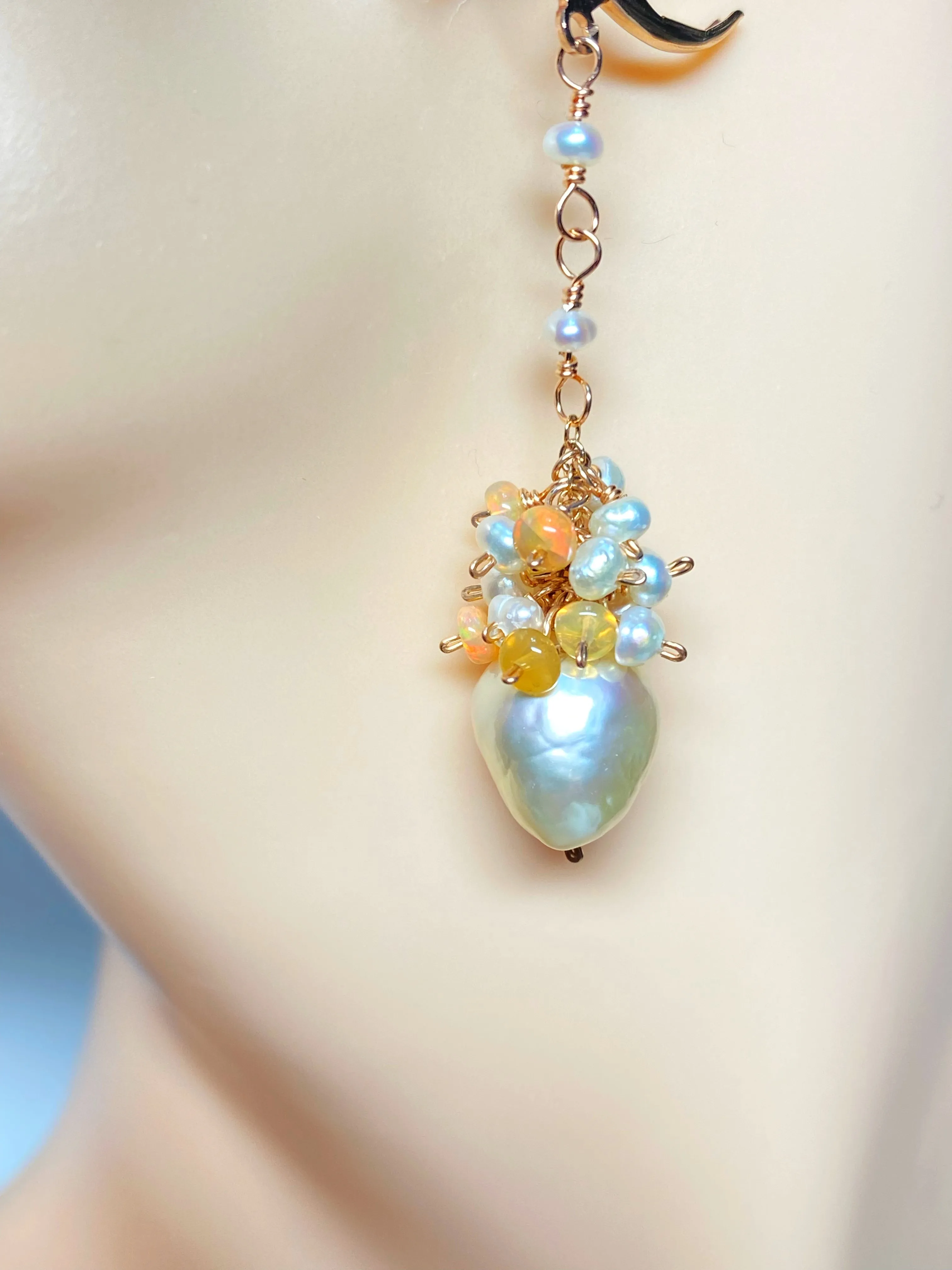 Blush Pearl Opal Cluster Long Earrings, Rose Gold, Sterling Silver, 14 kt Gold Fill