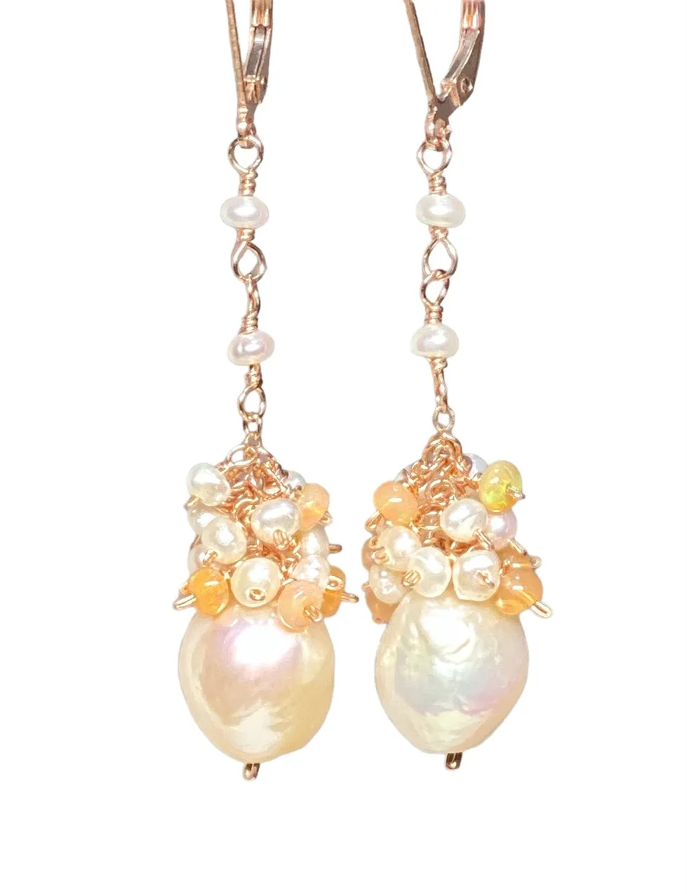 Blush Pearl Opal Cluster Long Earrings, Rose Gold, Sterling Silver, 14 kt Gold Fill