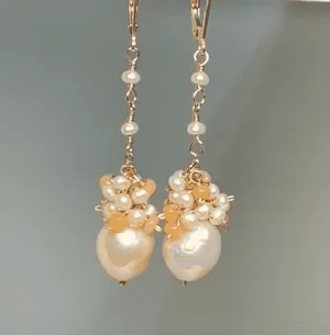 Blush Pearl Opal Cluster Long Earrings, Rose Gold, Sterling Silver, 14 kt Gold Fill