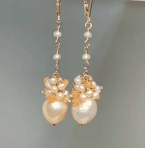 Blush Pearl Opal Cluster Long Earrings, Rose Gold, Sterling Silver, 14 kt Gold Fill
