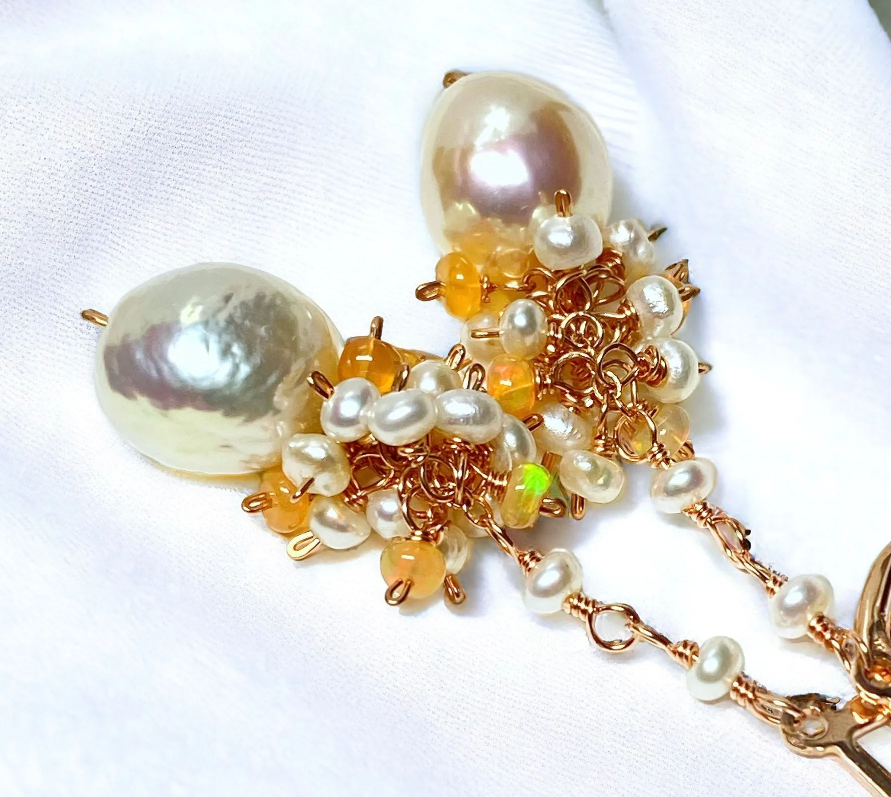 Blush Pearl Opal Cluster Long Earrings, Rose Gold, Sterling Silver, 14 kt Gold Fill
