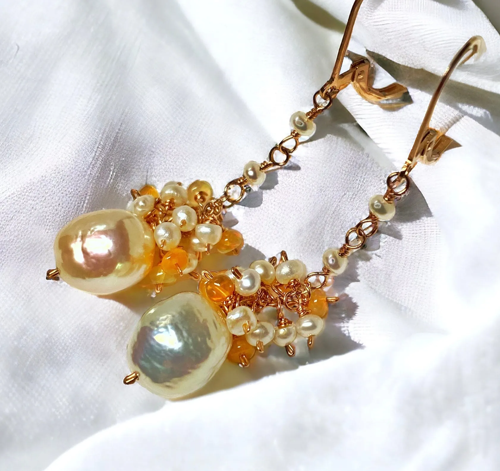 Blush Pearl Opal Cluster Long Earrings, Rose Gold, Sterling Silver, 14 kt Gold Fill