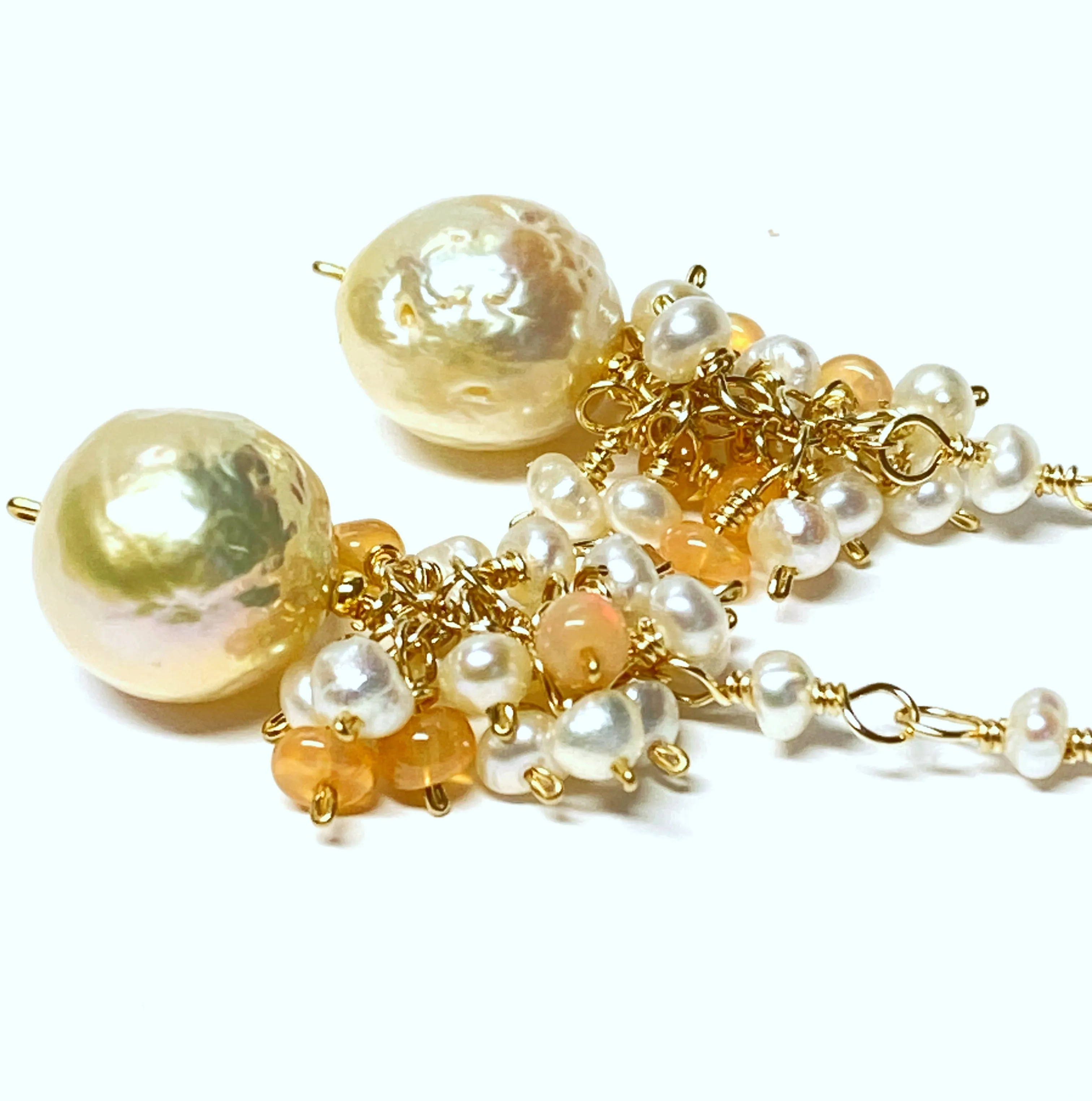 Blush Pearl Opal Cluster Long Earrings, Rose Gold, Sterling Silver, 14 kt Gold Fill