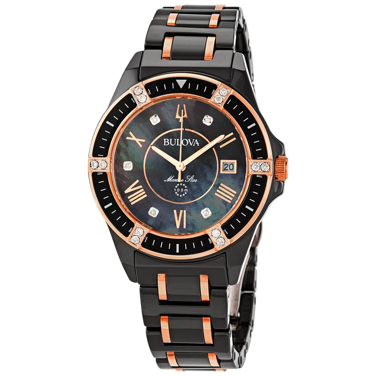 Bulova Marine Star Black Mother of Pearl Diamond Dial Ladies Watch 98R242