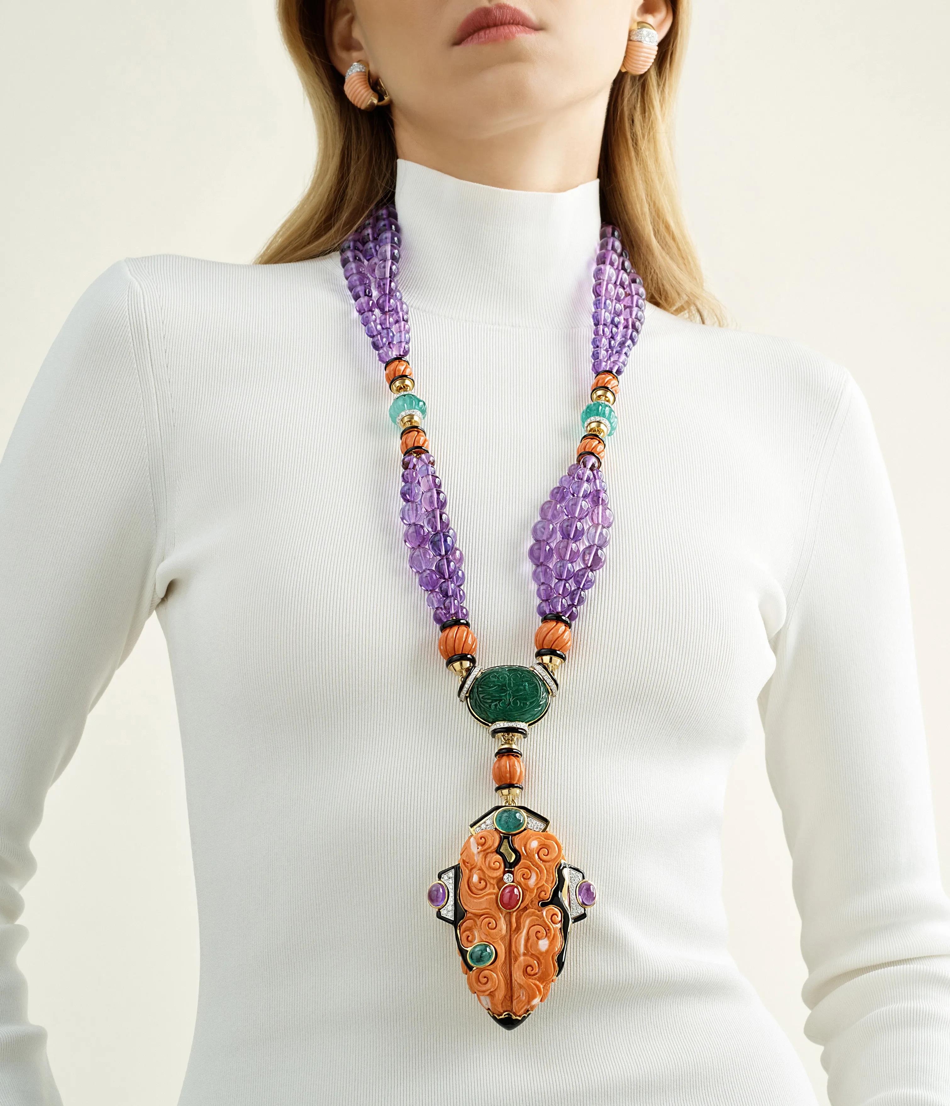 Carved Coral Multi-Strand Necklace