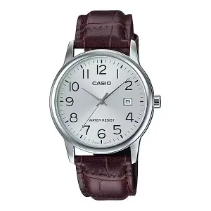 Casio Brown Leather Strap Silver Dial Quartz Watch for Gents - MTP-V002L-7B2UDF