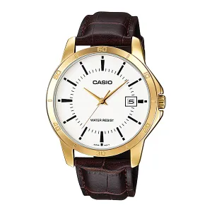 Casio Brown Leather Strap White Dial Quartz Watch for Gents - MTP-V004GL-7AUDF