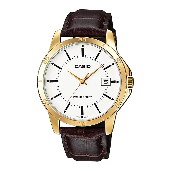 Casio Brown Leather Strap White Dial Quartz Watch for Gents - MTP-V004GL-7AUDF