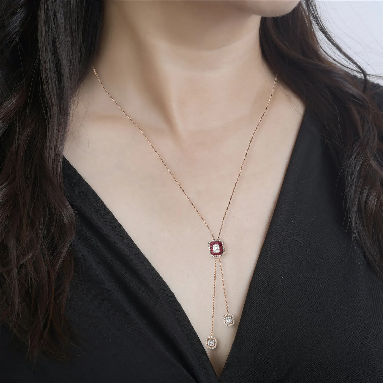 Channel Set Ruby Baguette Diamond Octagon Designer Necklace In 18k Rose Gold