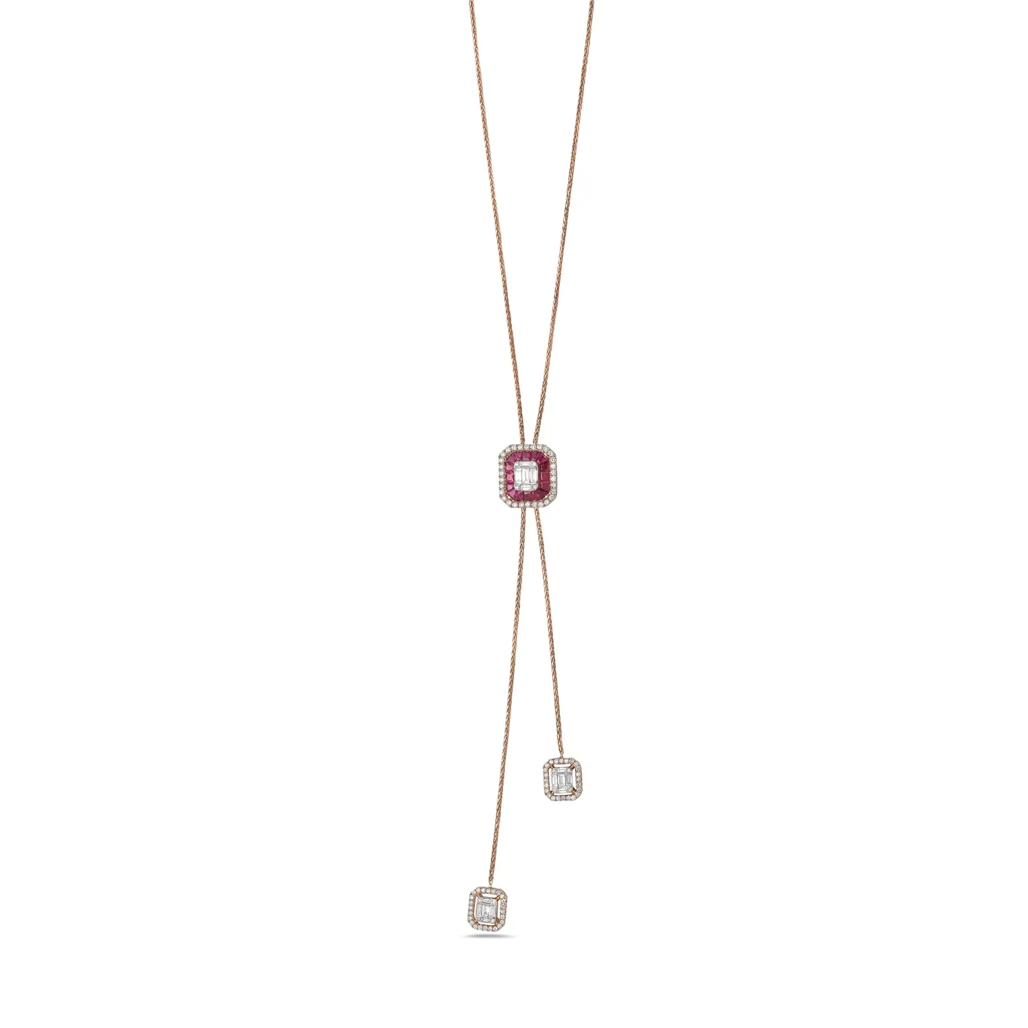 Channel Set Ruby Baguette Diamond Octagon Designer Necklace In 18k Rose Gold