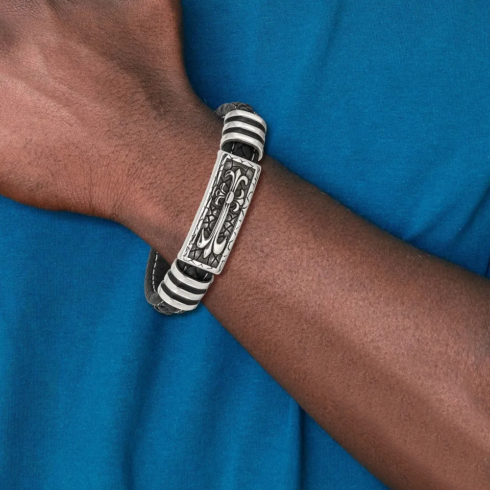 Chisel Stainless Steel Antiqued and Polished with Enamel Cross Black Faux Leather 8.5 inch Bracelet