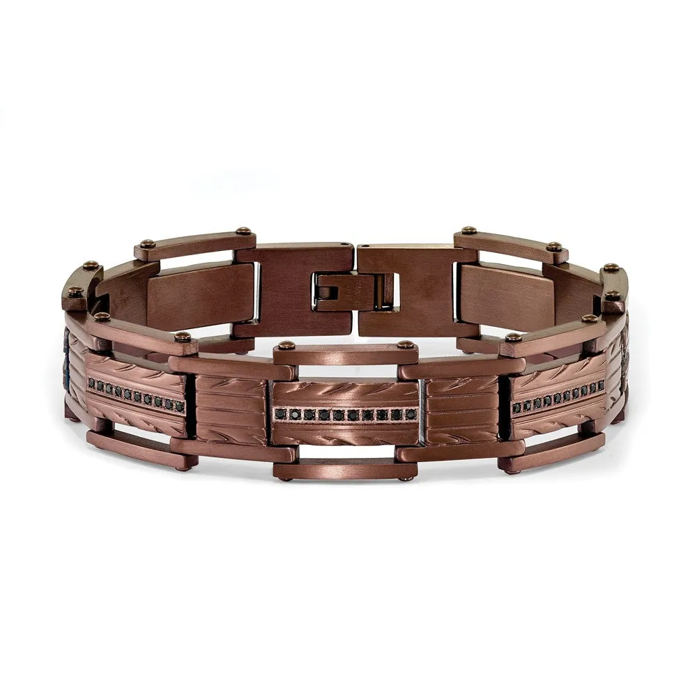Chisel Stainless Steel Brushed and Textured Brown IP-plated with Black CZ 8.25 inch Link Bracelet