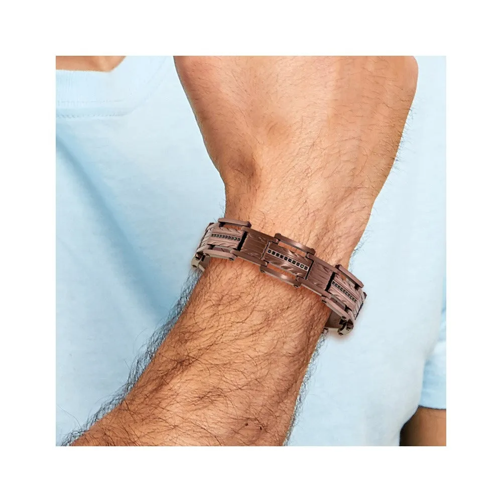 Chisel Stainless Steel Brushed and Textured Brown IP-plated with Black CZ 8.25 inch Link Bracelet