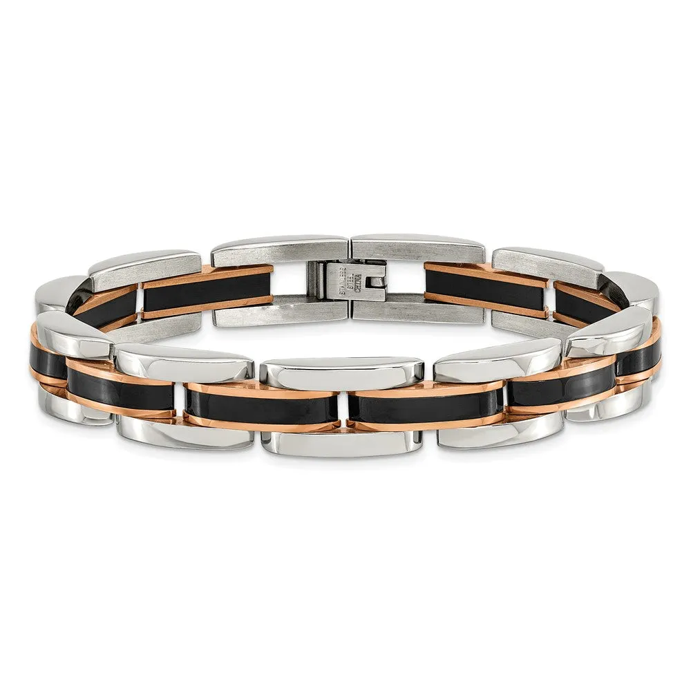 Chisel Stainless Steel Polished Black and Rose IP-plated 8.5 inch Link Bracelet