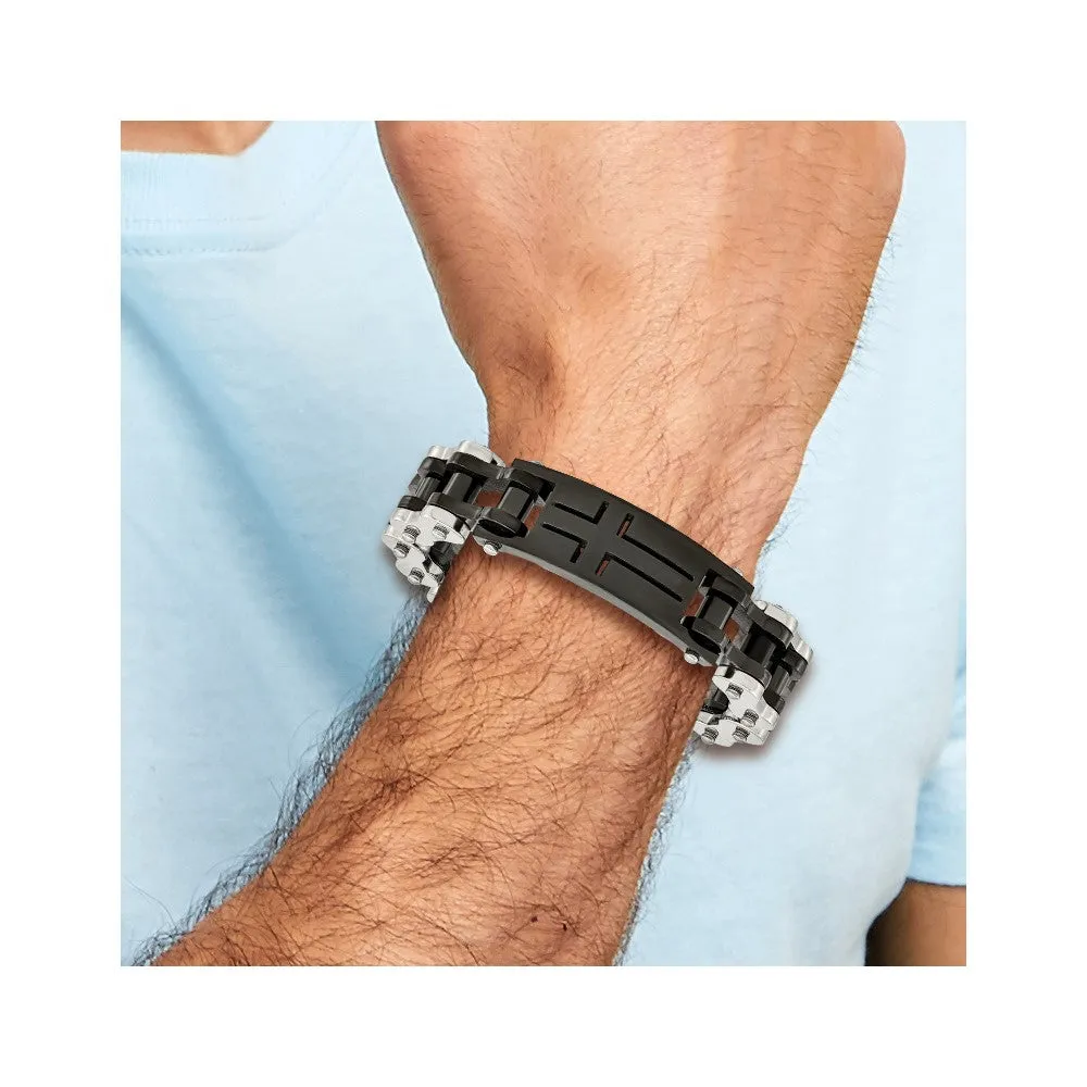 Chisel Stainless Steel Polished Black IP-plated 9 inch Cross ID Bracelet
