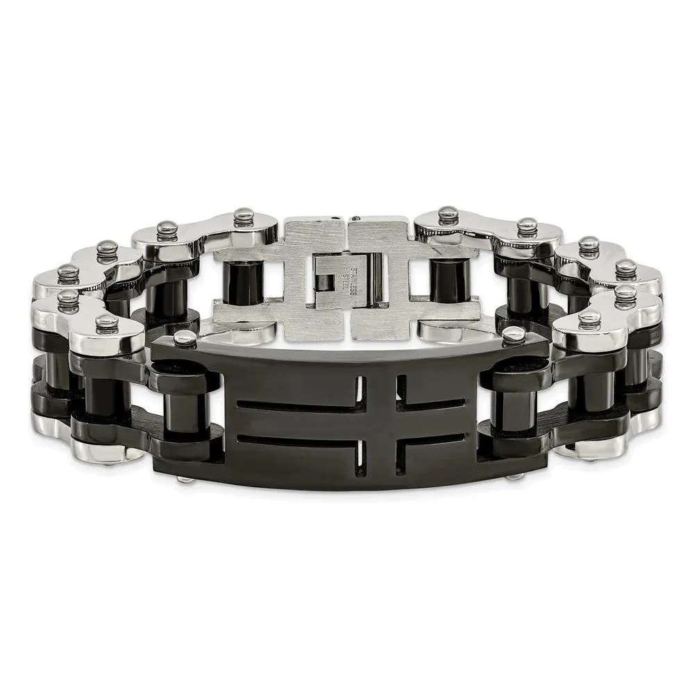 Chisel Stainless Steel Polished Black IP-plated 9 inch Cross ID Bracelet