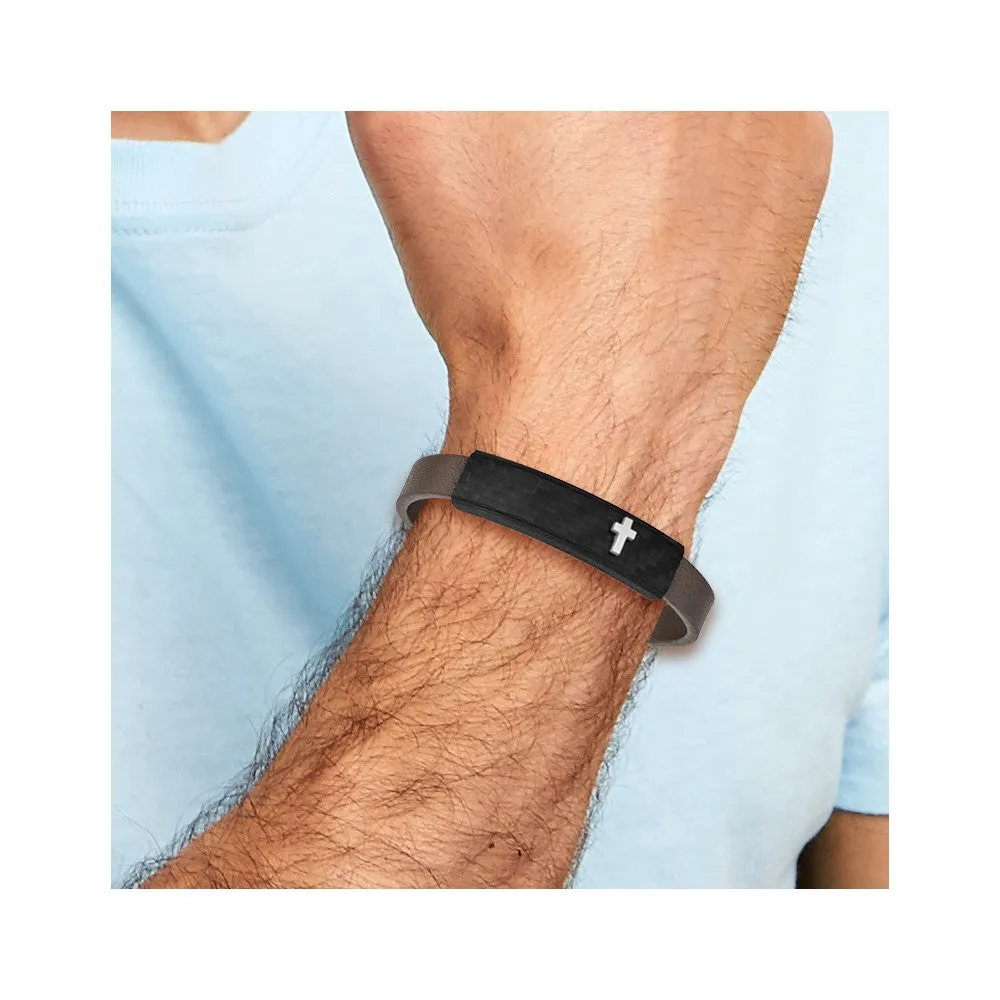 Chisel Stainless Steel Polished Cross Solid Carbon Fiber Brown Faux Leather 8 inch Bracelet
