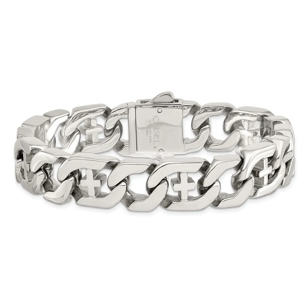 Chisel Stainless Steel Polished Crosses 8.5 inch Link Bracelet